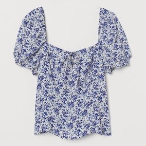 H&M Blue Floral Top Puff Sleeves
